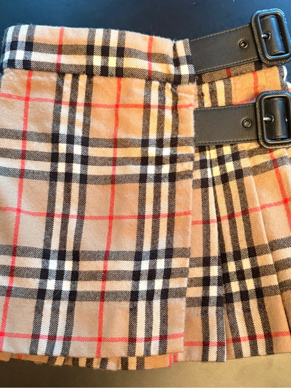 Burberry Tan Plaid Pleated Skirt with Black Buckle Straps